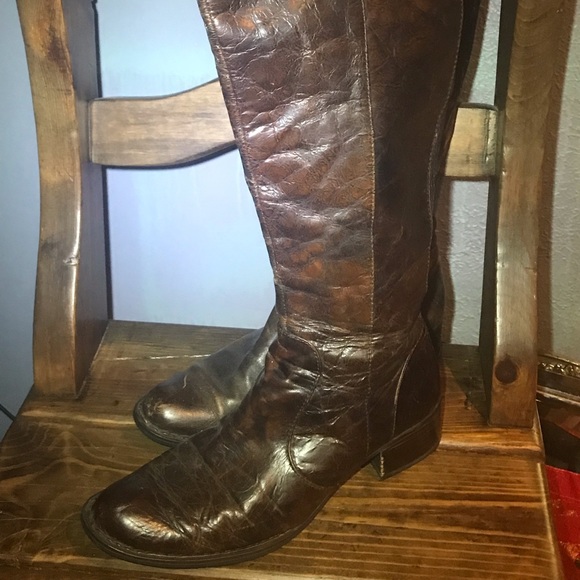 Shoes - Dark Brown Crackle Leather Tall Boots - 11